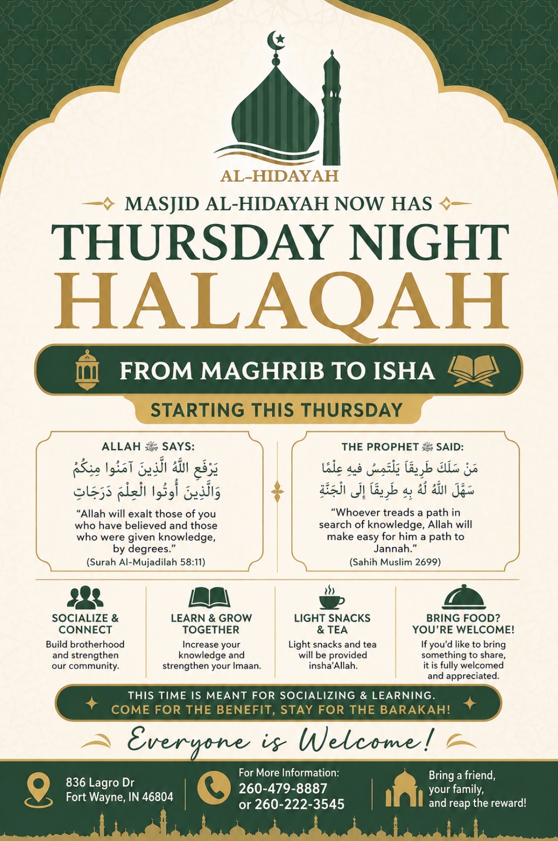 Thursday Night Halaqah announcement poster at Masjid Al-Hidayah