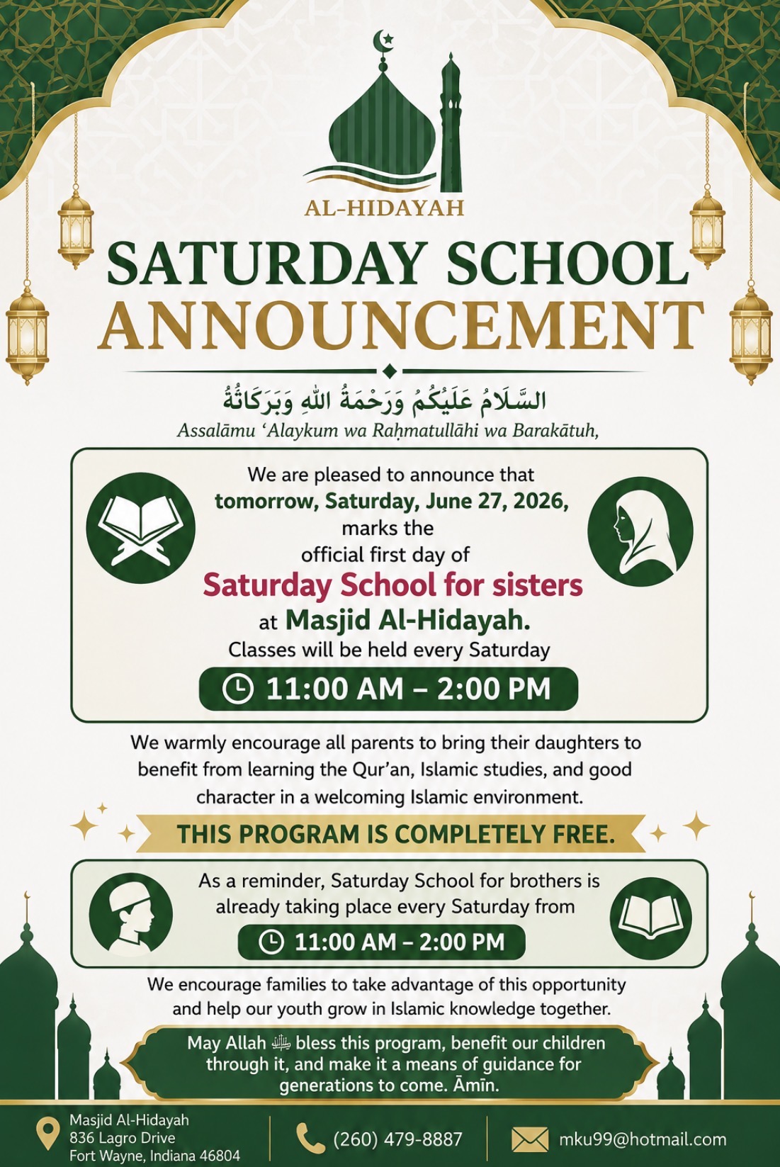 Saturday School for sisters announcement poster at Masjid Al-Hidayah